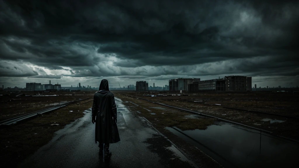 Create a dark, apocalyptic scene featuring a lone figure in a sleek, black outfit and a mask similar to the one in the provided image. The figure should be standing in the middle of an abandoned, crumbling city. Surrounding them are ruins of once-tall buildings, now overtaken by overgrown vegetation and scattered debris. The atmosphere is eerie and desolate, with dark, stormy clouds filling the sky, casting shadows over the scene. The faint, moody light should illuminate the figure, highlighting their isolation and the grim, haunting environment. The overall vibe should be dark and foreboding, capturing the essence of a post-apocalyptic world.8k