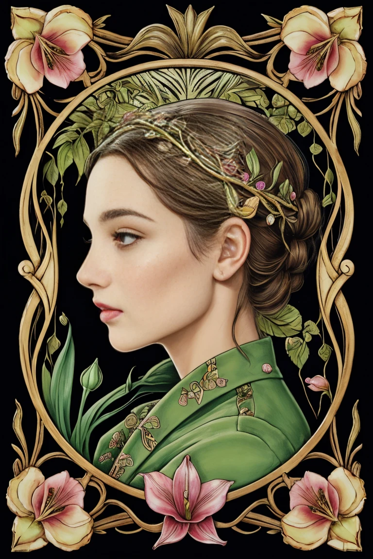 a side view portrait, profile view with translucend skull and visible brain, a classic illustration of a brain seemingly blooming with vines and flowers by (tim burton:1.002) , rich detail, floral brain, vegetation, leave and blossoms, anatomy, vibrant, acrylc painting, wide brush strokes, colorful, (miyazaki style:1.27), colourful, autumn colors. positive vibes. (erin hansen style:1.2),((bw:-1.5), fair skin:1.3, gray face:-1.5, hole in face:-2, art deco style:1.5,extreme detail, moss, roots,vine,lillies, rose petals, spring ornaments, (gothic:0.6), dark background, fair skin color