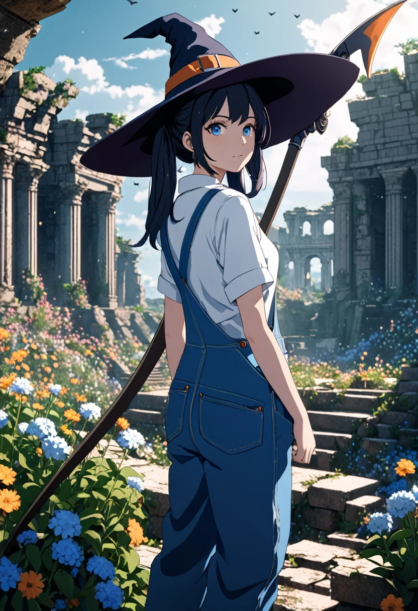 a girl with twin tails wearing a white shirt + blue overalls, witch hat, holding a sci-fi scythe, standing in ancient ruins surrounded by flowers, intricate details, cinematic lighting, fantasy, anime style, 8k, high quality, dynamic scene