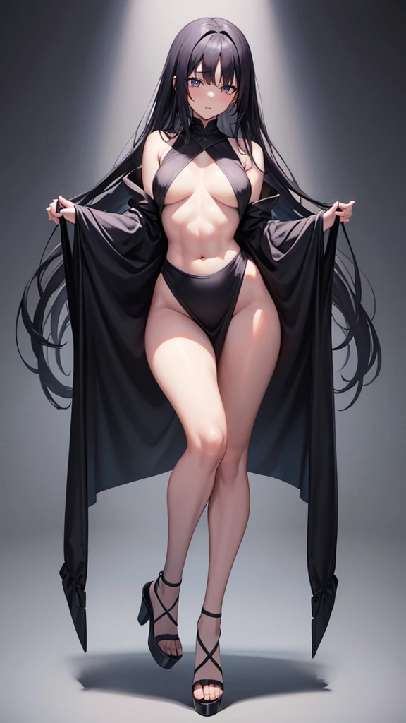 wide hips, attractive long legs, wedge heels, beautiful eyes, Beautiful whole body, small breasts, short silk dress underwear, a tempting look, Abs, Plump body shape, black hair, red eyes, full body, Bewitching pose, thick calves, Slightly parted lips, Blank Eyes
