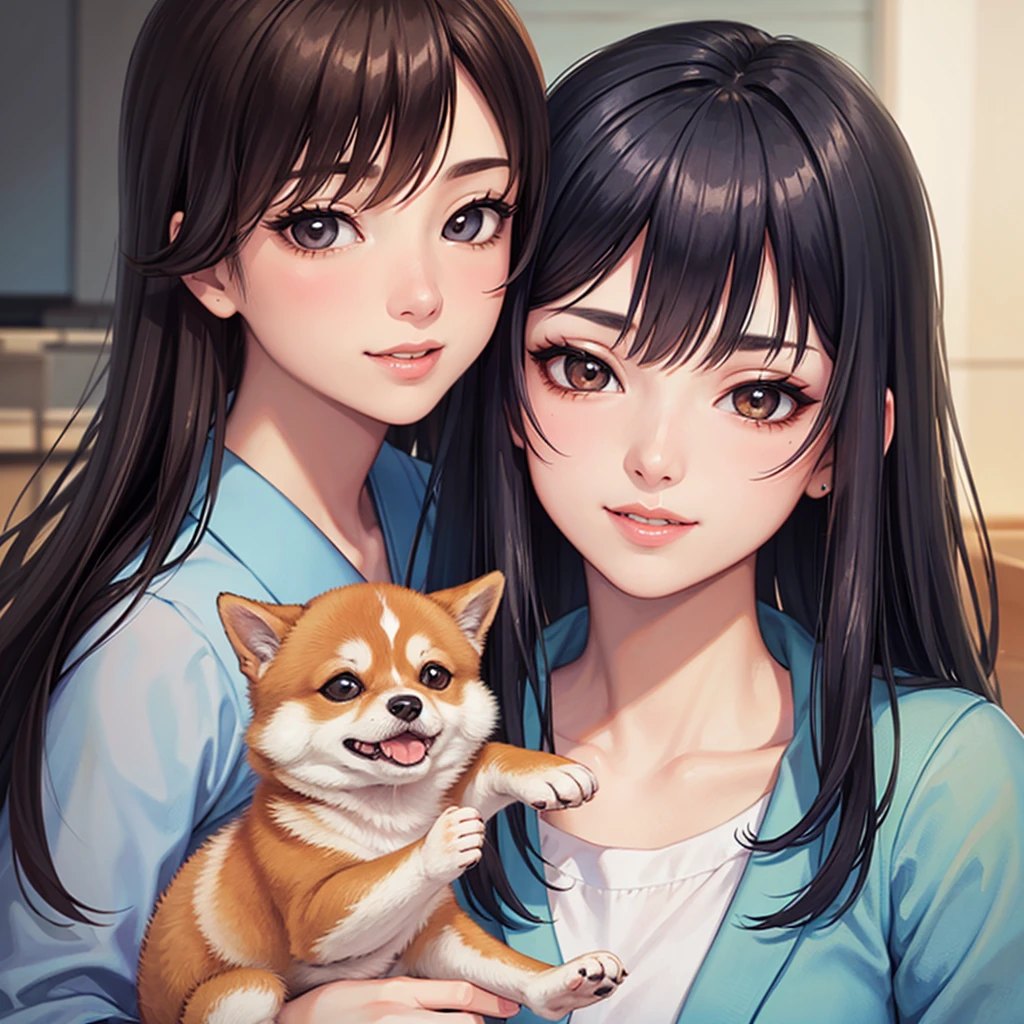 (Details of a very cute face), (Highest quality:1.4), 8k resolution, High resolution, One girl, cute , best cute, Super cute detailed face, Smooth Skin, Beautiful eyes in every detail, Official portraiture, Fine skin, Apply gloss to your lips, Lips parted, Japanese, Casual Fashion, Smile, wariza, Shiba Inu puppy, Holding a Shiba Inu puppy, Shiba Inu licks a girl's cheek