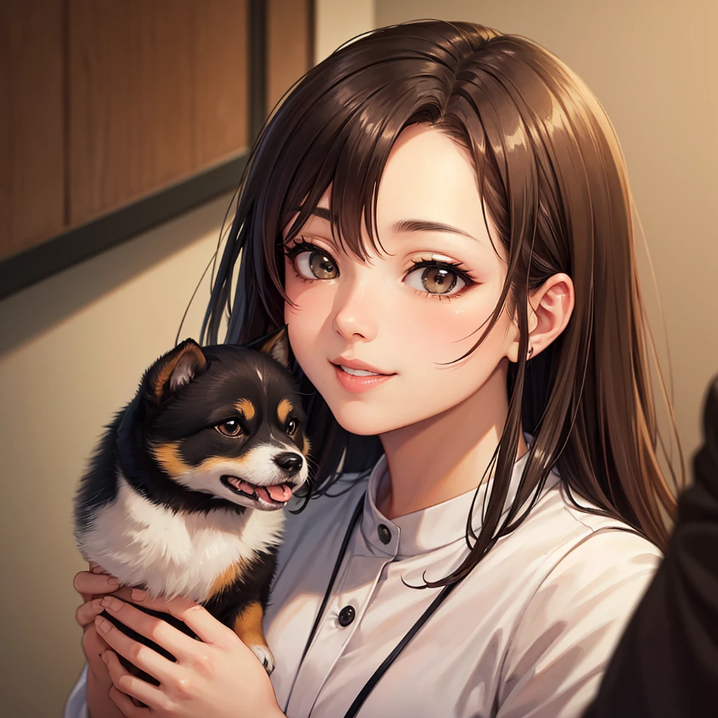 (Details of a very cute face), (Highest quality:1.4), 8k resolution, High resolution, One girl, cute , best cute, Super cute detailed face, Smooth Skin, Beautiful eyes in every detail, Official portraiture, Fine skin, Apply gloss to your lips, Lips parted, Japanese, Casual Fashion, Smile, wariza, Shiba Inu puppy, Holding a Shiba Inu puppy, Shiba Inu licks a girl&#39;s cheek