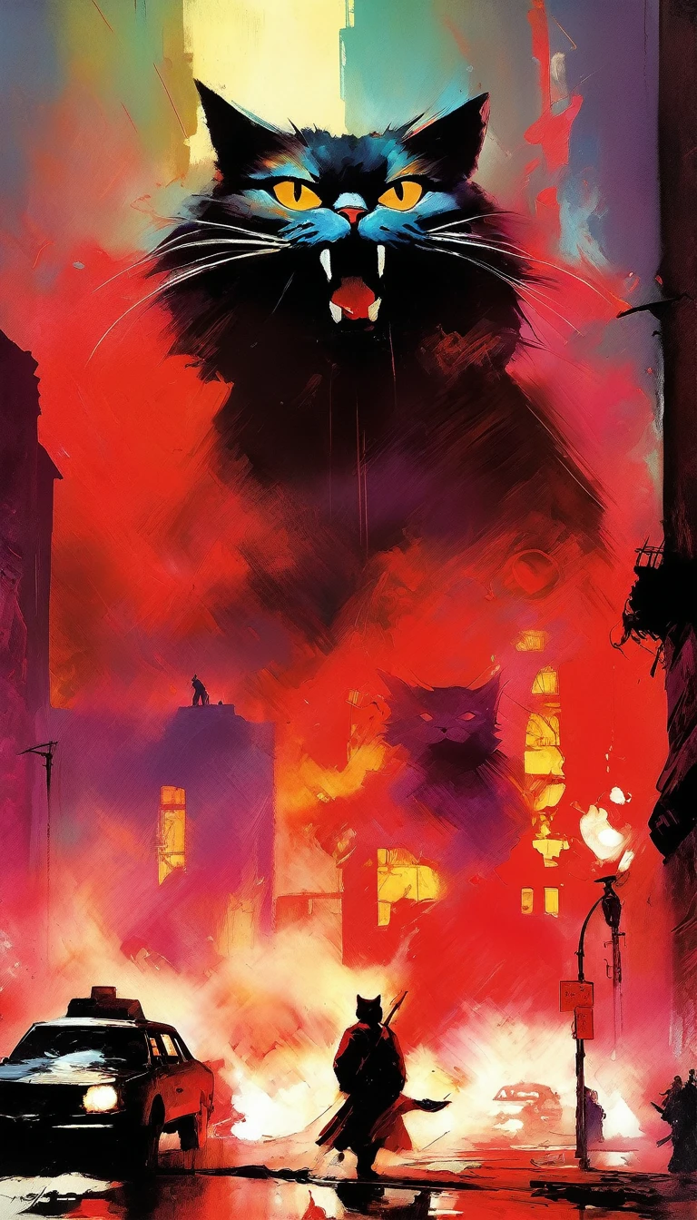 a giant communist cat destroys a city (art inspired in Bill Sienkiewicz). oil painting)