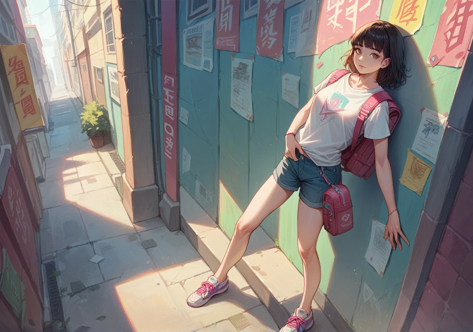 korean girl holding map in hand standing on Seoul city street , backpack bag on back like dora the explore type , vibrant image , realistic