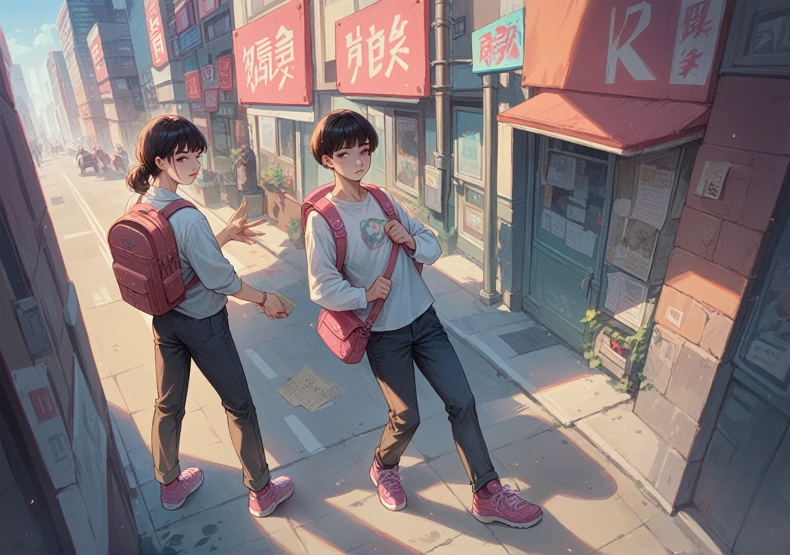 korean girl holding map in hand standing on Seoul city street , backpack bag on back like dora the explore type , vibrant image , realistic