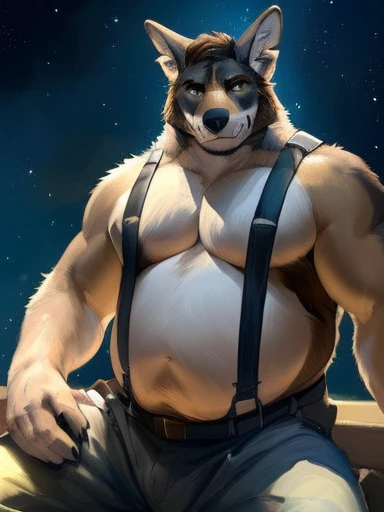 William_adler, echo_project, posing for the camera, detailed face, perfect eyes, showing off. Smirk, 4k, high resolution, best quality, posted on e621, solo, anthro body, male, adult, musclegut, (correct muscles, detailed muscles, chubby, very overweight, wide chest, wide shoulders, muscular shoulders, pectorals, biceps, (overweight:2.0), (wide waist:1.2), correct anatomy, correct proportions, taran fiddler anatomy, (space clouds, galaxy, stars:1.0), (by negger, by juiceps, by taran fiddler:1.0), confident, strong, (long wolf tail:1.0), (pants, belt:1.0), strong pose, shading, (dramatic lighting, glow, backlight:1.2), spread legs, suspenders 