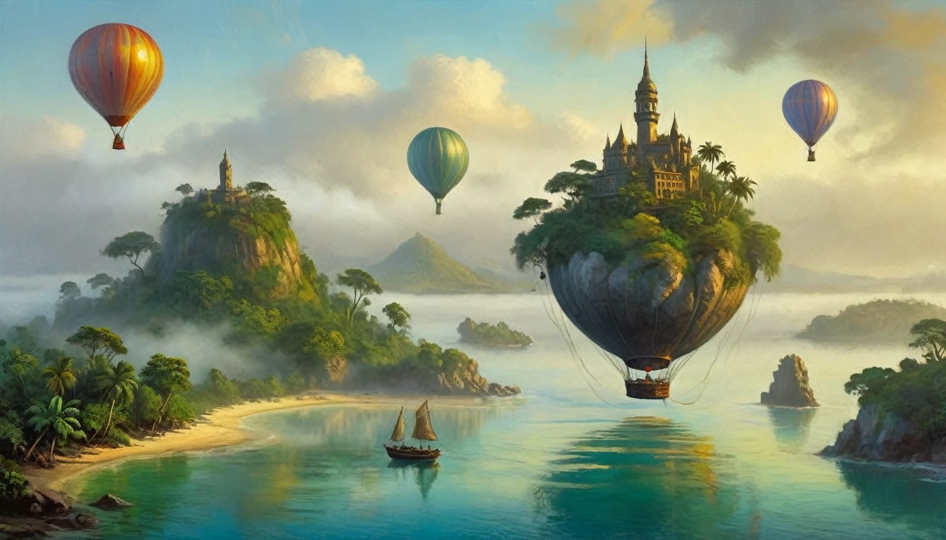 [panoramic view]: (Mysterious island shrouded in fog, tropics, balloon, intricate plot by Jules Verne),((oil painting knife)), rainessanse older gradient, Complex details, intricate, aesthetics, ((best quality, Masterpiece)),
((Highest detail), Octane rendering, 8K  