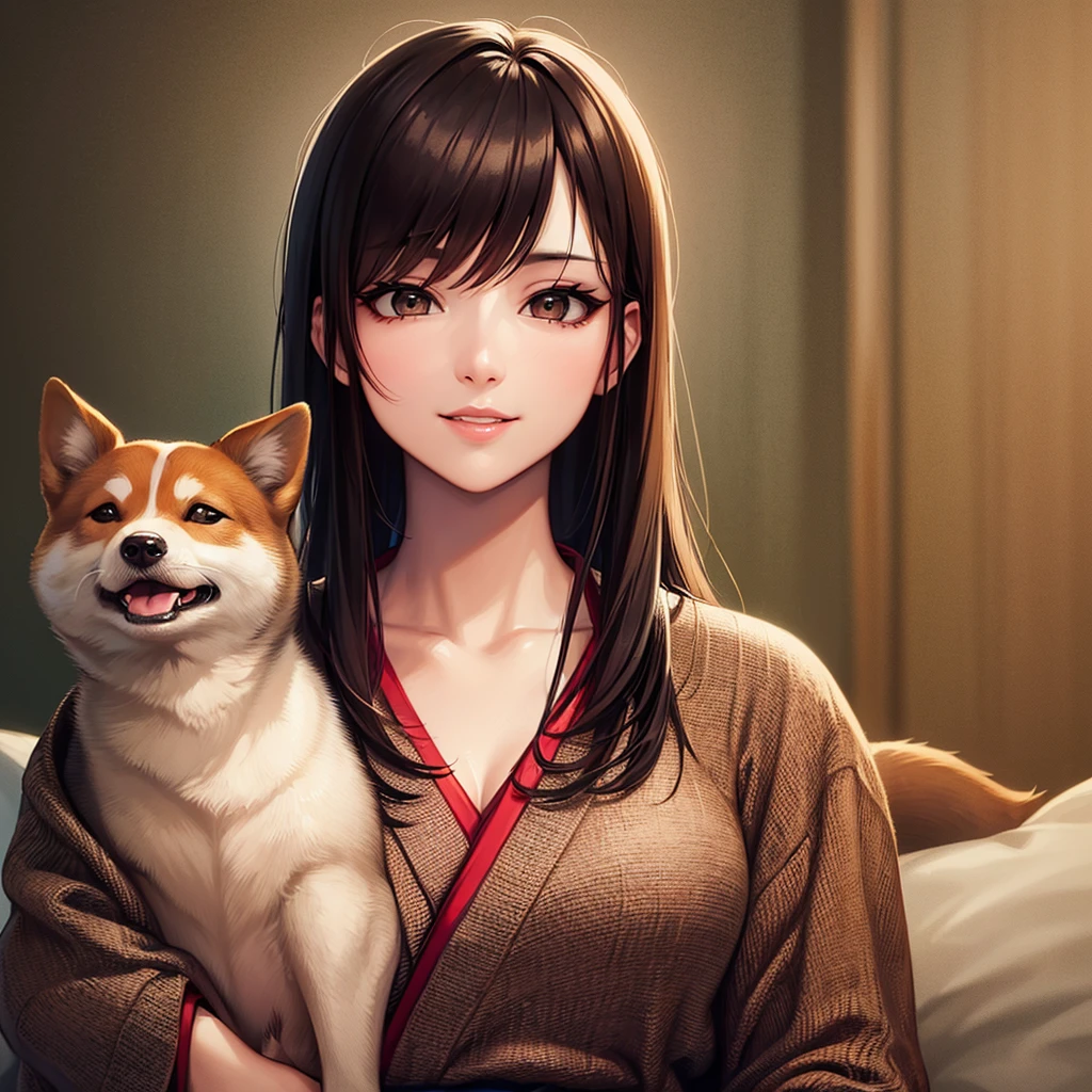 (Details of a very cute face), (Highest quality:1.4), 8k resolution, High resolution, One girl, cute , best cute, Super cute detailed face, Smooth Skin, Beautiful eyes in every detail, Official portraiture, Fine skin, Apply gloss to your lips, Lips parted, Japanese, Casual Fashion, Smile, wariza, Shiba Inu puppy, Holding a Shiba Inu puppy, Shiba Inu licks a girl's cheek