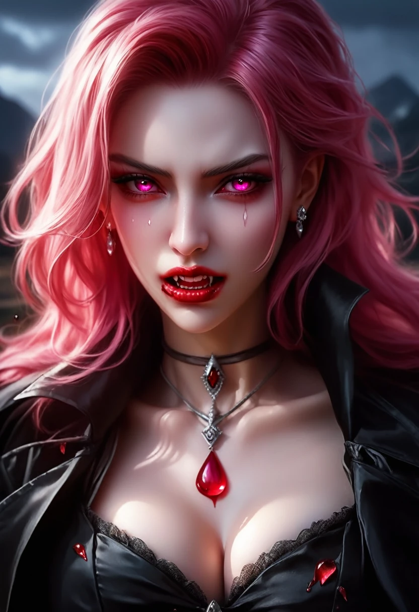 aa portrait of vampire with a bloody tear coming down from he eye, an exotic beautiful female vampire, pink hair color, dynamic hair style, ultra detailed face, best detailed face, silver eye color, ((1single red teardrop)), ((tear drop made from blood)), ((tear drop coming down from the eye: 1.3)), small cleavage, wearing two black diamond earrings, Ultra-high resolution, High Contrast, (masterpiece:1.5), highest quality, Best aesthetics), 16K fantasy art, best details, best quality, highres, (ultra wide angle: 1.2), 16k, [ultra detailed], masterpiece, best quality, (extremely detailed), ladyshadow, magical sky, crying style, vampire teeth