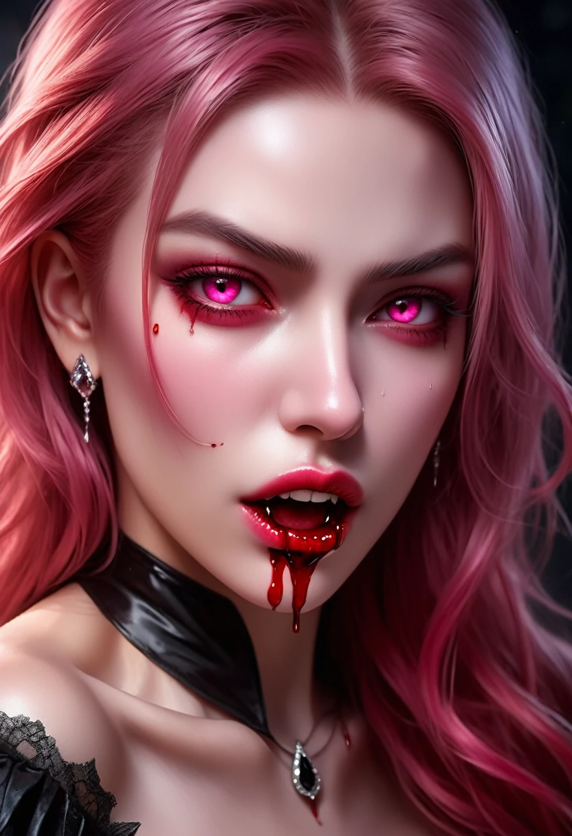 aa portrait of vampire with a bloody tear coming down from he eye, an exotic beautiful female vampire, pink hair color, dynamic hair style, ultra detailed face, best detailed face, silver eye color, ((1single red teardrop)), ((tear drop made from blood)), ((tear drop coming down from the eye: 1.3)), small cleavage, wearing two black diamond earrings, Ultra-high resolution, High Contrast, (masterpiece:1.5), highest quality, Best aesthetics), 16K fantasy art, best details, best quality, highres, (ultra wide angle: 1.2), 16k, [ultra detailed], masterpiece, best quality, (extremely detailed), ladyshadow, magical sky, crying style, vampire teeth