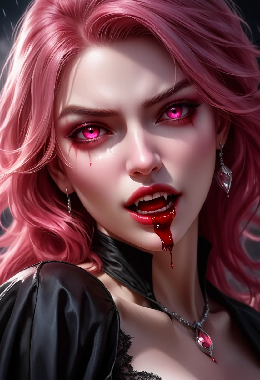 aa portrait of vampire with a bloody tear coming down from he eye, an exotic beautiful female vampire, pink hair color, dynamic hair style, ultra detailed face, best detailed face, silver eye color, ((1single red teardrop)), ((tear drop made from blood)), ((tear drop coming down from the eye: 1.3)), small cleavage, wearing two black diamond earrings, Ultra-high resolution, High Contrast, (masterpiece:1.5), highest quality, Best aesthetics), 16K fantasy art, best details, best quality, highres, (ultra wide angle: 1.2), 16k, [ultra detailed], masterpiece, best quality, (extremely detailed), ladyshadow, magical sky, crying style, vampire teeth