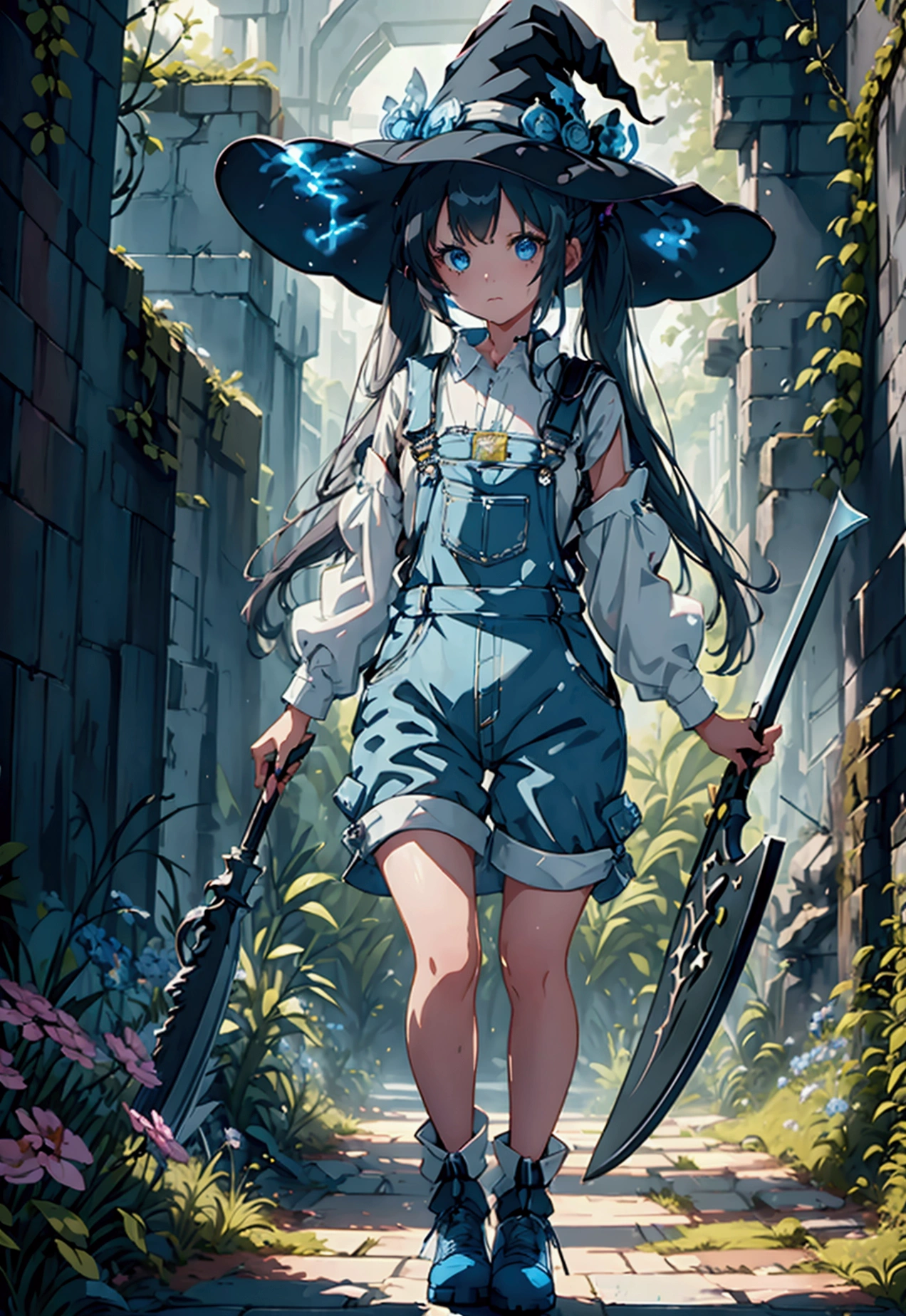 a girl with twin tails wearing a white shirt + blue overalls, witch hat, holding a sci-fi scythe, standing in ancient ruins surrounded by flowers, intricate details, cinematic lighting, fantasy, anime style, 8k, high quality, dynamic scene