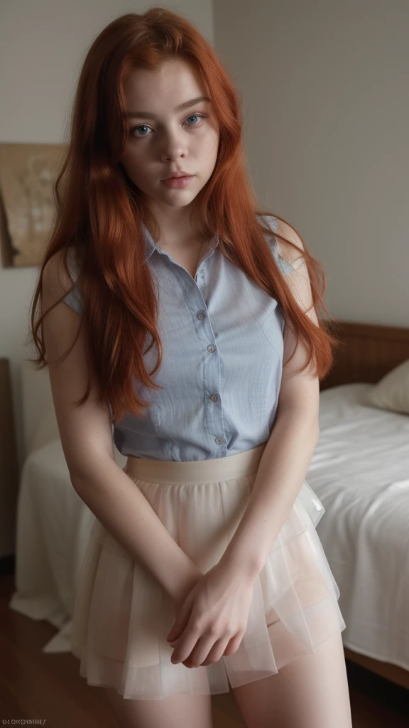 a *******-*** redheaded girl, similar to chloë grace moretz,beautiful detailed eyes, beautiful detailed lips, extremely detailed eyes and face, long eyelashes, long red hair, transparent white dress shirt, blue mini skirt, room interior, *******-*** female body, perfect hands, beautiful face, high quality, ultra detailed, ultra realistic, 8k, full body shot, realistic, photorealistic, photo-realistic, (best quality,4k,8k,highres,masterpiece:1.2),ultra-detailed,(realistic,photorealistic,photo-realistic:1.37),HDR,UHD,studio lighting,ultra-fine painting,sharp focus,physically-based rendering,extreme detail description,professional,vivid colors, full body shot 