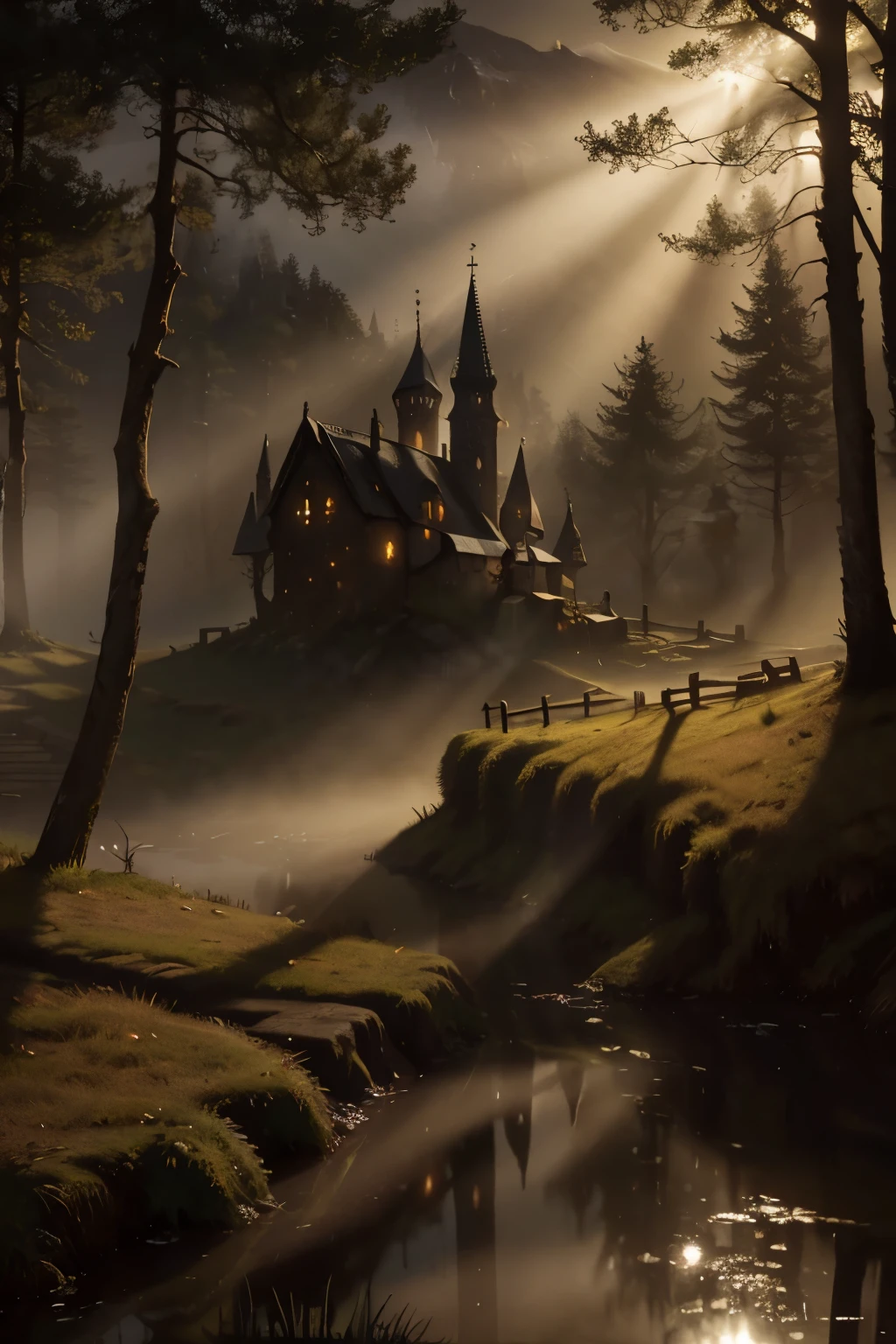 realistic dark oil painting of a medieval village at sunrise, mossy, mist, foggy, shadows, misterious, mithical, dark, rays of light shines trough the woods, ambient, depth of field, volumetric lighting, cinematic lighting, moody, heavy darkness, black sky, low angle perspective, by Eyvind Earle