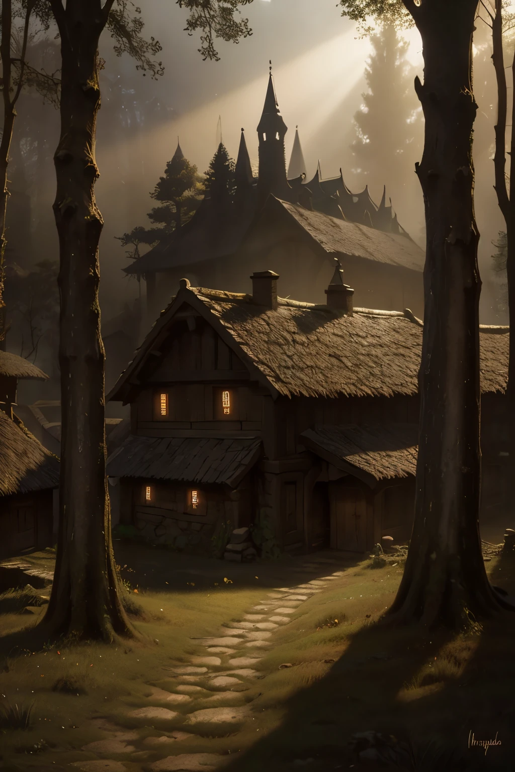 realistic dark oil painting of a medieval village at sunrise, mossy, mist, foggy, shadows, misterious, mithical, dark, rays of light shines trough the woods, ambient, depth of field, volumetric lighting, cinematic lighting, moody, heavy darkness, black sky, low angle perspective, by Eyvind Earle