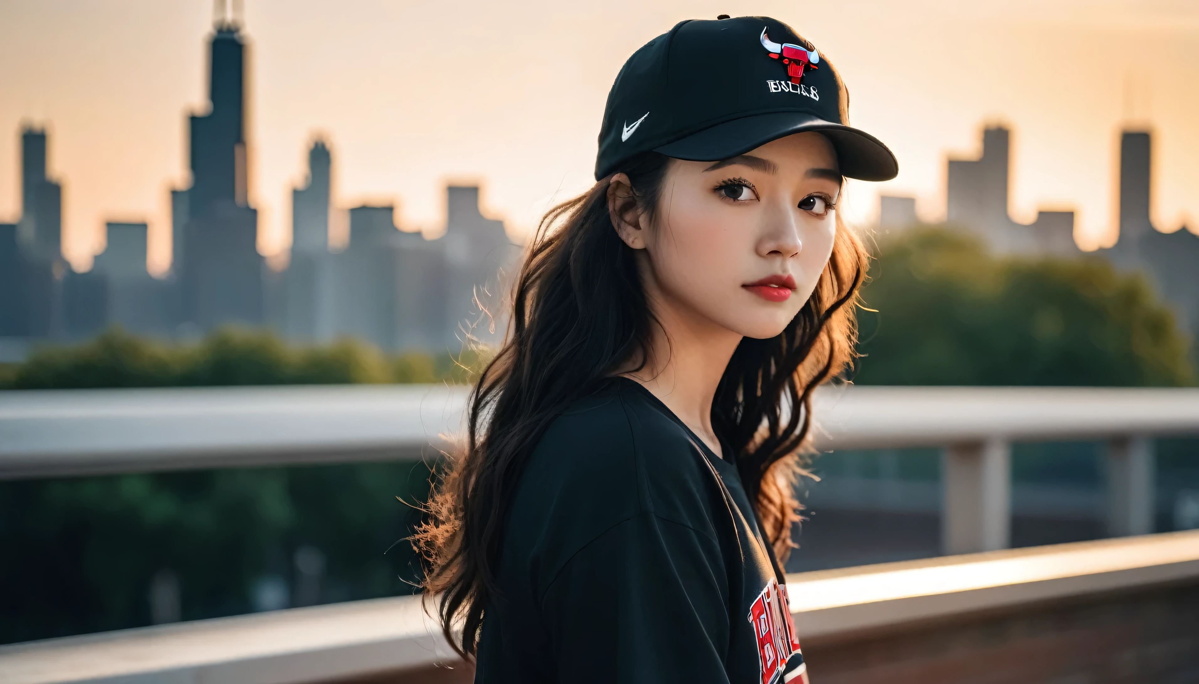 Black hair。Curly perm。Women with freckles。In the background, the evening sun shines on her hair.、background is blurry。Hiphop fashion。Chicago Bulls hat and Nike sneakers。whole body