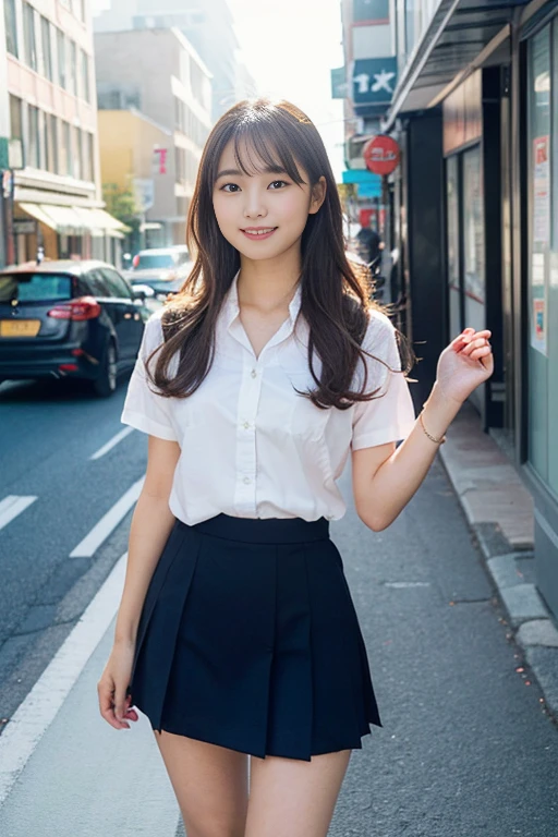 (A beautiful 23 year old Japanese high school girl with a bright personality is smiling. She has detailed, realistic, and photorealistic features, including a super cute face with beautiful eyes, nose, lips, dimples, short bob hair, ponytail. The girl is wearing a JK uniform with a mini skirt and eco-friendly fashion. She has a voluptuous figure, healthy body proportion, ample bosom. Her smooth legs move with ease. Her graceful poise radiates confidence. She is walking on a city street with natural sunlight and a bright backlight shining from behind, creating a lens flare. The image has a surreal, high-quality, and masterpiece-level look with vivid colors, extreme detail, and a professional-level edit.)