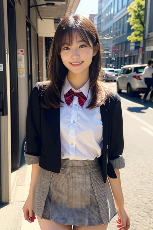 (A beautiful 23 year old Japanese high school girl with a bright personality is smiling. She has detailed, realistic, and photorealistic features, including a super cute face with beautiful eyes, nose, lips, dimples, short bob hair, ponytail. The girl is wearing a JK uniform with a mini skirt and eco-friendly fashion. She has a voluptuous figure, healthy body proportion, ample bosom. Her smooth legs move with ease. Her graceful poise radiates confidence. She is walking on a city street with natural sunlight and a bright backlight shining from behind, creating a lens flare. The image has a surreal, high-quality, and masterpiece-level look with vivid colors, extreme detail, and a professional-level edit.)