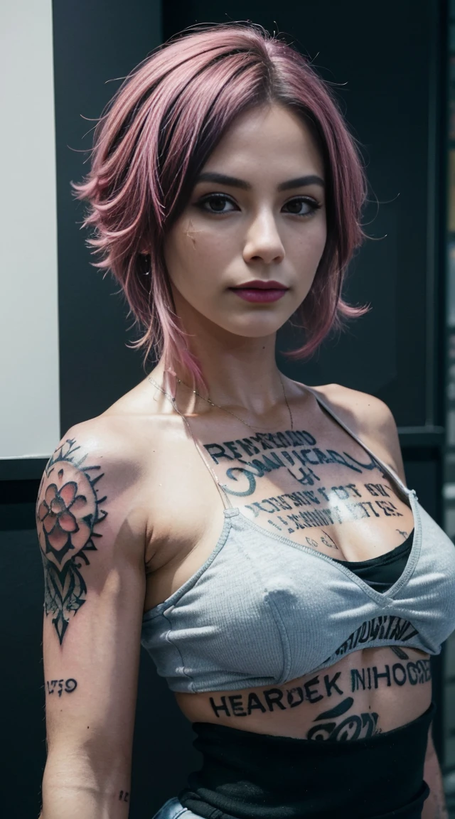 50 years old, gorgeous cute Argentinian girl, smirk, freckles, polaroid photo, (dark skin:1.4), (medium pink hair:1.4), (Han So-Hee:1.4), Mikasa_ackerman,solo person,byself,Off-the-shoulder clothing,muscline,cleavage,nabel,open waist,Abs,Vest line,Off-the-shoulder attire,, wearing full jewelry, winner of most beautiful model, famous beautiful model, good young girl, muscular, (masterpiece:1.0), (best_quality:1.0), ultra high res,4K,ultra-detailed, photography, 8K, HDR, highres, absurdres:1.2, Kodak portra 400, blurry background, bokeh, lens flare, (skin texture:1.2), (vibrant_color:1.2),professional photograph, (the_tattoo:1.4), (beautiful_face:1.5),(narrow_waist). --v 6