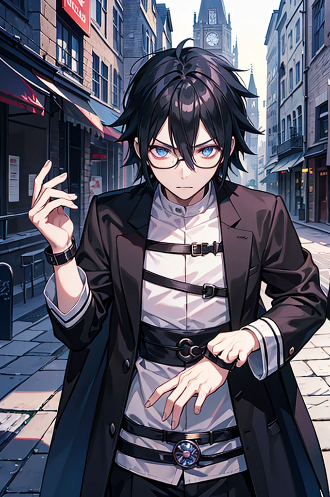 young man, magician, long black hair, blue eyes, wears glasses, wears black magician clothes, hair like Sasuke Uchiha's, cold personality. Manly, medieval city background, adventurous magician.