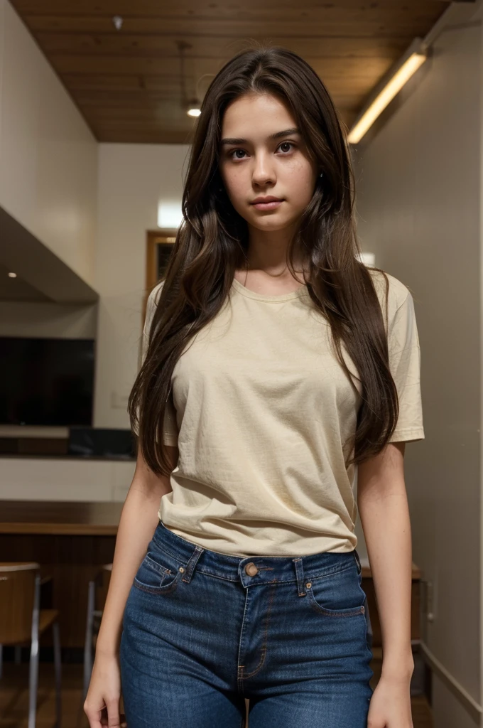 Student of average height 172 cm , with dark brown hair and brown eyes that sometimes glow with a slight glow when he uses his powers. Usually wears casual and comfortable clothing, like jeans and neutral colored t-shirts.  She is 13 years old with great hidden potential long hair without glasses