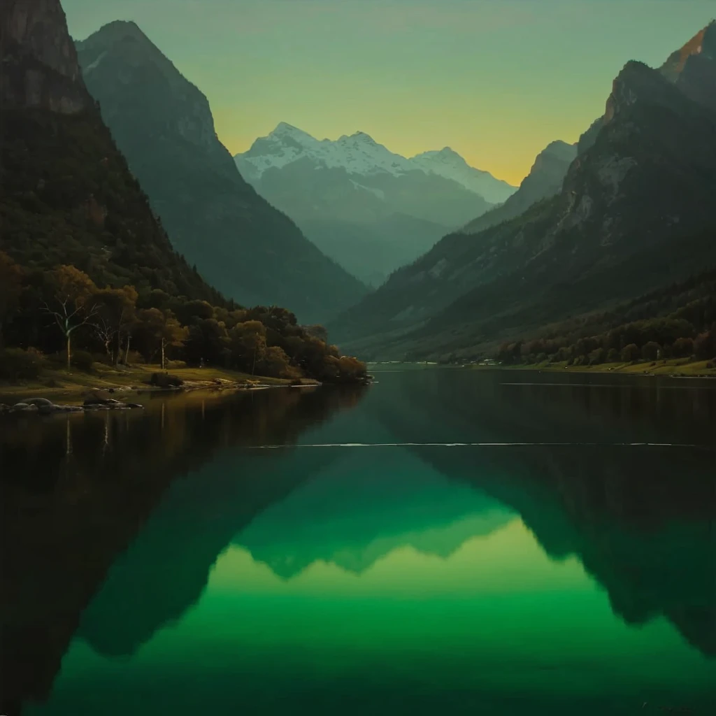 Mountains and lake with reflection of mountains at dusk