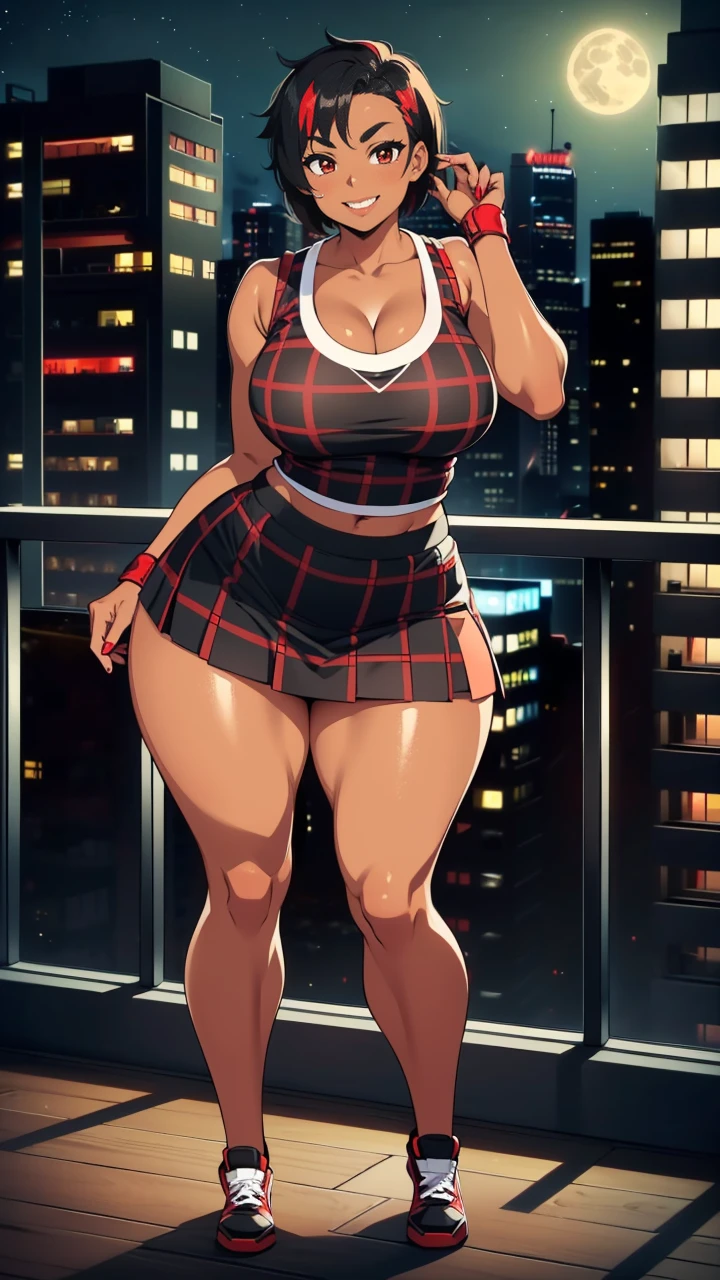 4K Quality, sexy smile, tan tomboy, cute eyebrows, (black and red plaid skirt), ((black and red jordans)), standing up, (black and red short hair), ((dark skinned)), thick thighs, big breasted, big ass, looking at viewer, red eyes, at the penthouse, (night time), sexy pose, in the living room
