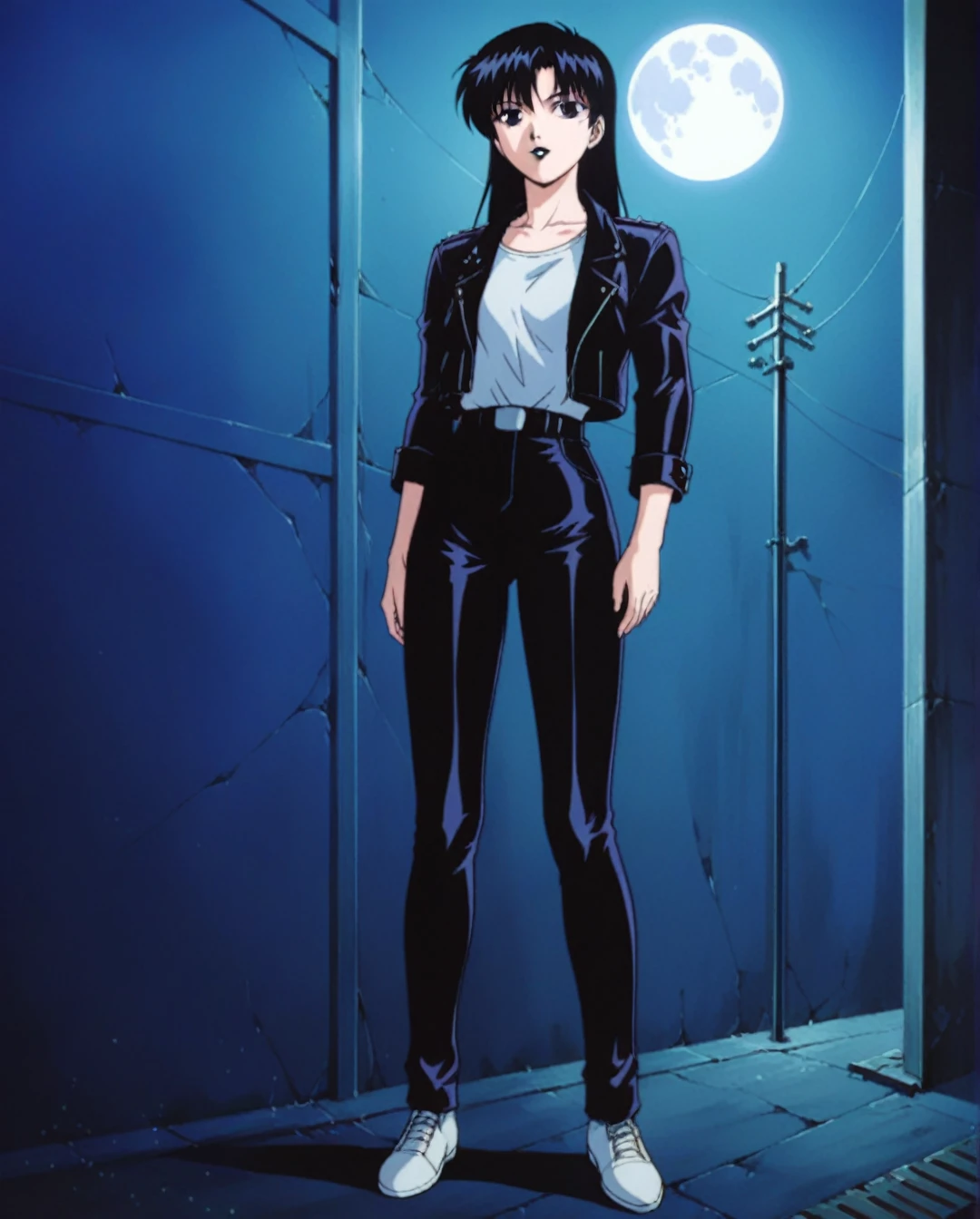 Masterpiece, photorealistic, highly detailed, a young woman with smooth  dark long black hair with bangs and black eyes and black lips, wearing leather jacket and leather pants, standing, looking at camera, in a gloomy smoke filled alley at night with a full moon, BREAK, Art style by Yoshiaki Kawajiri and Tsukasa Hojo and Toshihiro Kawamoto - -intricately detailed face - -80s and 90s anime still - -1980s retro anime - -1980s and 1990s anime retro nostalgia -highly detailed profile BREAK, ARISTYLE4, Soft Pastel -depth of field, Cinematic Angles, Dynamic angles, (((masterpiece))), perfect face, ((full body shot)),