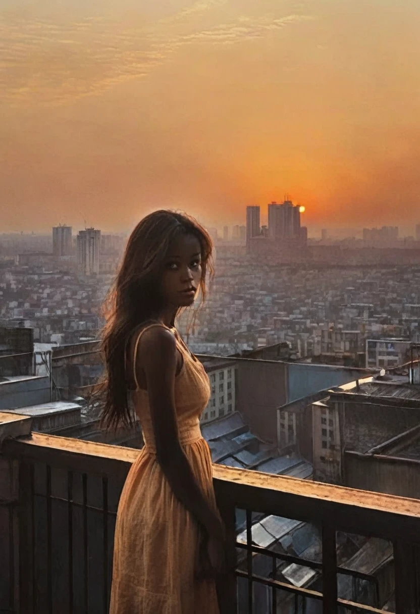 When the first rays of dawn begin to hit the city,  girl standing on rooftop, Gaze at the waking metropolis. Her face is illuminated by something soft, Gentle shades of the rising sun, Cast a warm glow on her features. The city below is still shrouded in the quiet silence before dawn, Softer streetlights, Amber glow on an empty street.