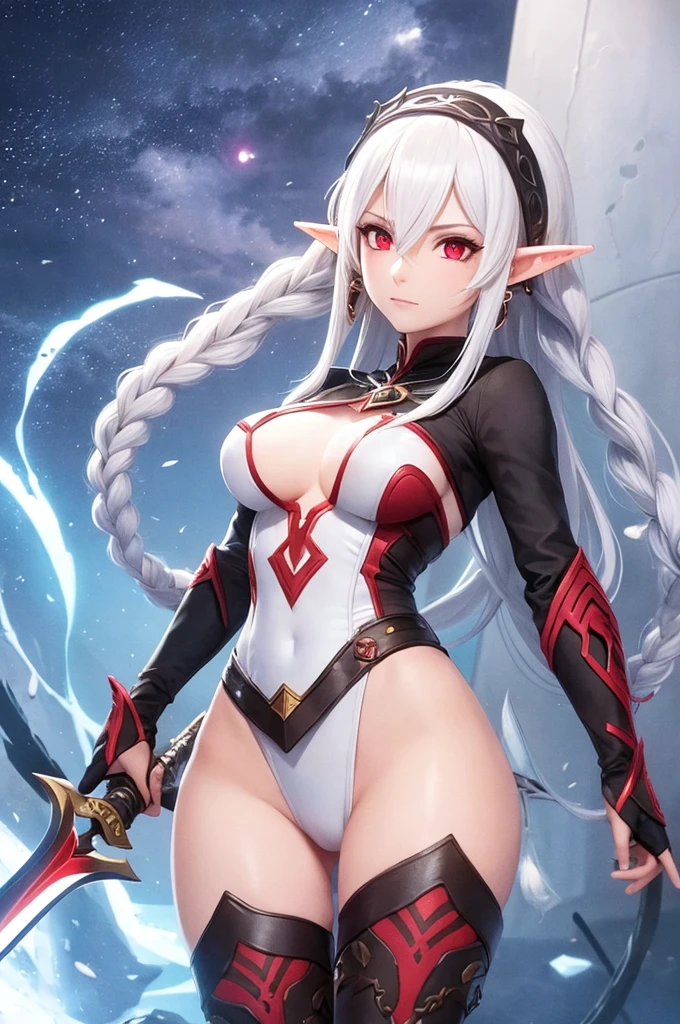 elven girl,stick out her butt,silver long hair ,large breast,BREAK,navy polyester leotard,cutout between underboob,black short sleeves,BREAK,boots,red long gloves