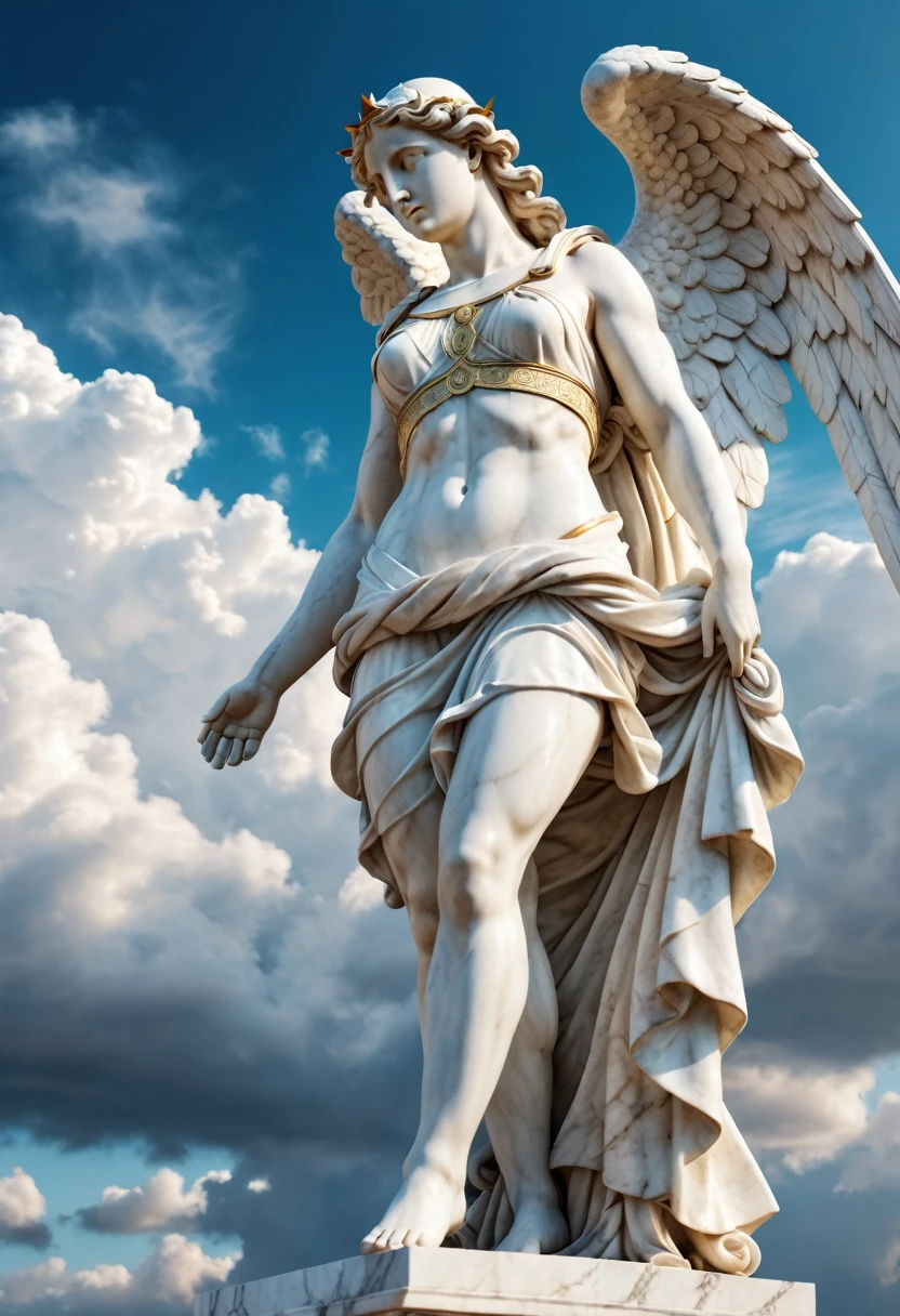 Cinematic 8K hyper-realistic, angel marble statue, clouds background, Greek mythology, colossal, illuminated by a soft light, ultra detailed, is characterized by its extraordinary physical attributes and awe-inspiring presence.