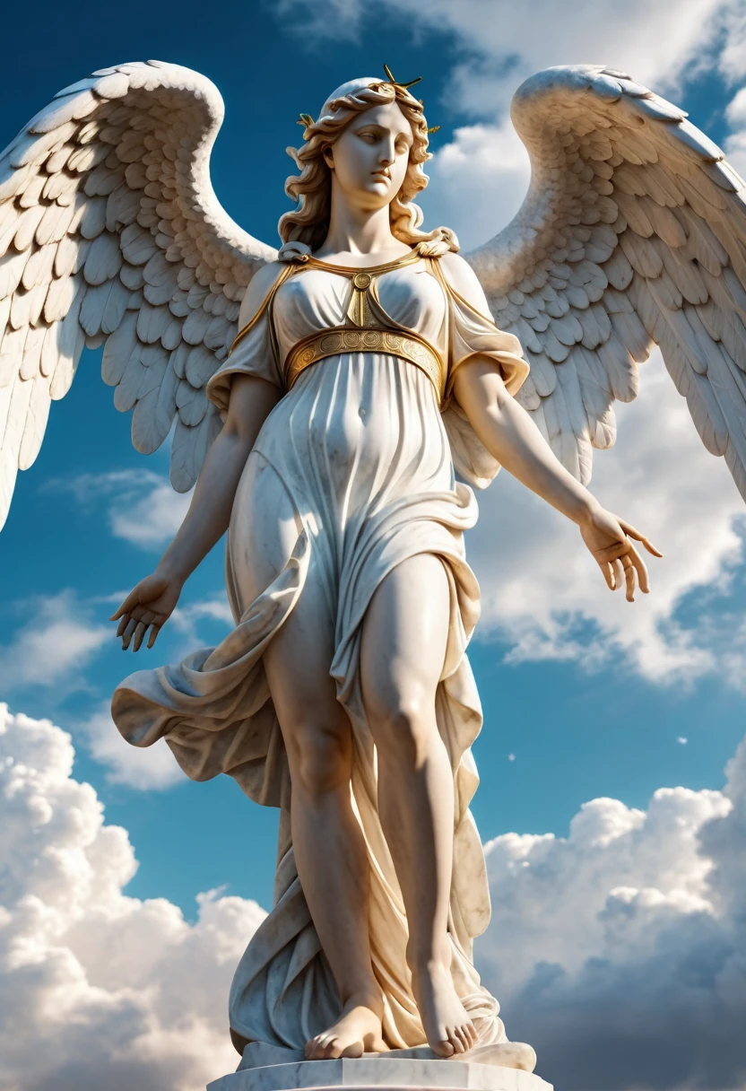 Cinematic 8K hyper-realistic, angel  marble statue, clouds background, Greek mythology, colossal, illuminated by a soft  light, ultra detailed, is characterized by its extraordinary physical attributes and awe-inspiring presence.