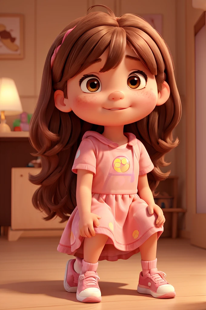 A 4 year old girl, fair skin, rectangular face, big brown eyes, messy long light brown hair with bangs, round medium cheeks, small nose, pink dress, sitting, red sneakers, pixar style, 3D, detailed face, 16k, asymmetric , transparent background