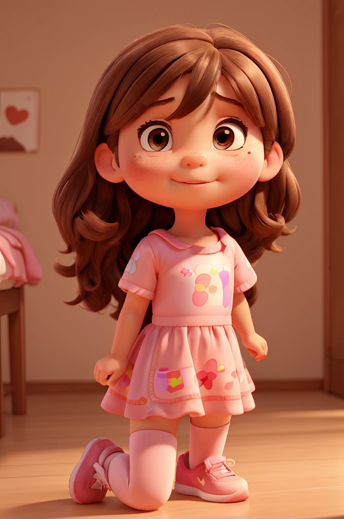 A 4 year old girl, fair skin, rectangular face, big brown eyes, messy long light brown hair with bangs, round medium cheeks, small nose, pink dress, sitting, red sneakers, pixar style, 3D, detailed face, 16k, asymmetric , transparent background