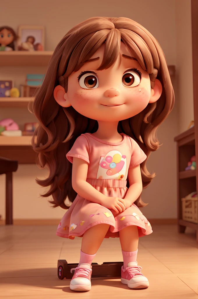 A 4 year old girl, fair skin, rectangular face, big brown eyes, messy long light brown hair with bangs, round medium cheeks, small nose, pink dress, sitting, red sneakers, pixar style, 3D, detailed face, 16k, asymmetric , transparent background