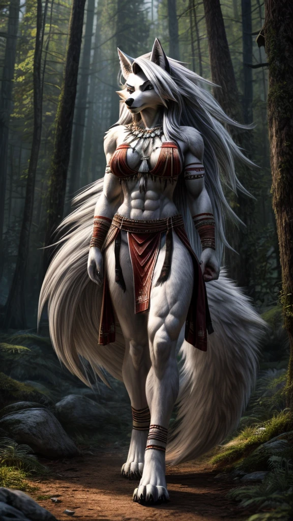 ultra-detailed, masterpiece, masterwork, high quality, best quality, hdr, posted on e621, (by darkgem), (nature), nsfw, female, solo, (white little body werewolf), werewolf, (long silver hair, yellow eyes, Scar in one eye, white body), standing, dynamic angle, (bulge white loincloth)