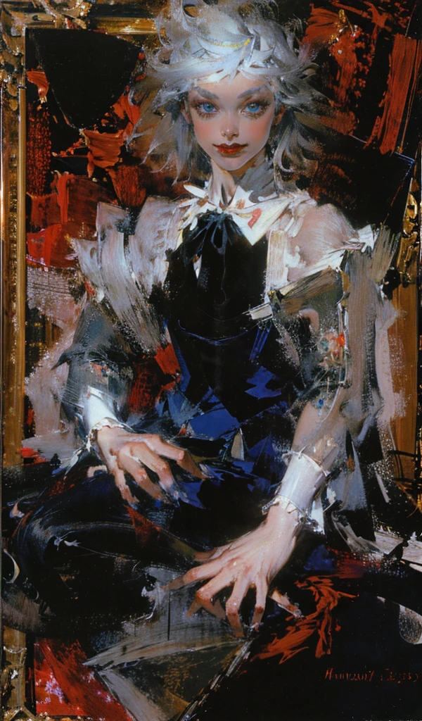 high resolution,A boy with white hair and blue eyes,Little Red Riding Hood,Full body painting , Gothic Lolita,Surrounded by roses (Painting, drawing, or digital art), Multicolor/Gradient Lip,(Floral Background:1.2)