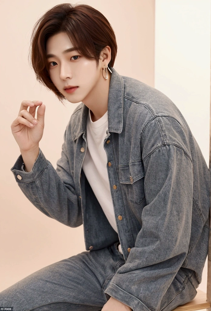 Realistic portrait, kpop male artist, instagram

Kim Jinwoo (진우)

Height: 178 cm (5'10")

Weight: 65 kg (143 lbs)

Build: Jinwoo has a lean and athletic build. His well-toned muscles are the result of rigorous dance practice and regular workouts, giving him a balanced and fit physique.

Face:

Skin Tone: Fair, with a smooth and clear complexion that adds to his boyish charm.
Face Shape: Jinwoo has a heart-shaped face with a defined jawline and high cheekbones, which enhance his overall attractiveness.
Eyes: His eyes are large and expressive, with a slight almond shape. He often accentuates them with subtle eyeliner, making them appear even more captivating. His eye color is a deep, warm brown that can appear almost black in certain lighting.
Eyebrows: His eyebrows are naturally arched and well-groomed, adding to his refined and polished look.
Nose: Jinwoo has a straight and slightly narrow nose that complements his facial features.
Lips: His lips are full and well-defined, often highlighted with a natural pink tint. His smile is warm and inviting, capable of melting hearts instantly.
Hair: Jinwoo's hair is versatile and frequently changes in style and color. It is naturally soft and thick, allowing for various trendy hairstyles. He often experiments with colors ranging from natural shades like dark brown and chestnut to bold hues like platinum blonde or deep blue. His go-to styles include tousled, wavy looks for a cute and casual vibe and slicked-back or slightly messy styles for a sexier appeal.

Fashion Style: Jinwoo's wardrobe is a blend of cute and sexy. He favors oversized hoodies, graphic tees, and ripped jeans for a laid-back, adorable look. For a more sultry and sophisticated appearance, he opts for fitted shirts, leather jackets, tailored pants, and occasionally suits. His outfits are always on-trend, showcasing his keen fashion sense.

Accessories: Jinwoo enhances his looks with minimalistic yet stylish accessories.He often wears small hoop or stud earring