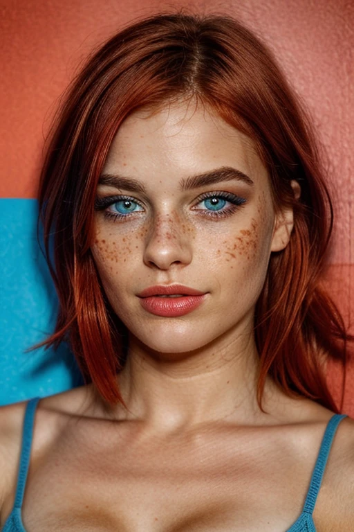 make her with dyed red hair, y con pecas, (ojos azules).