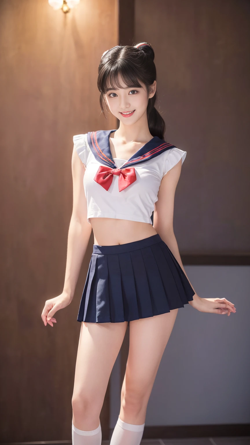 (8K、RAW Photos、Highest quality、masterpiece:1.2)、(Realistic、Realistic)、1 Girl、((Sailor Moon Costume:1.2、Thin legs、whole body、View from the front、smile、Looking into the camera、Open_mouth,Blowjob_gesture,Blowjobgesture))、cute