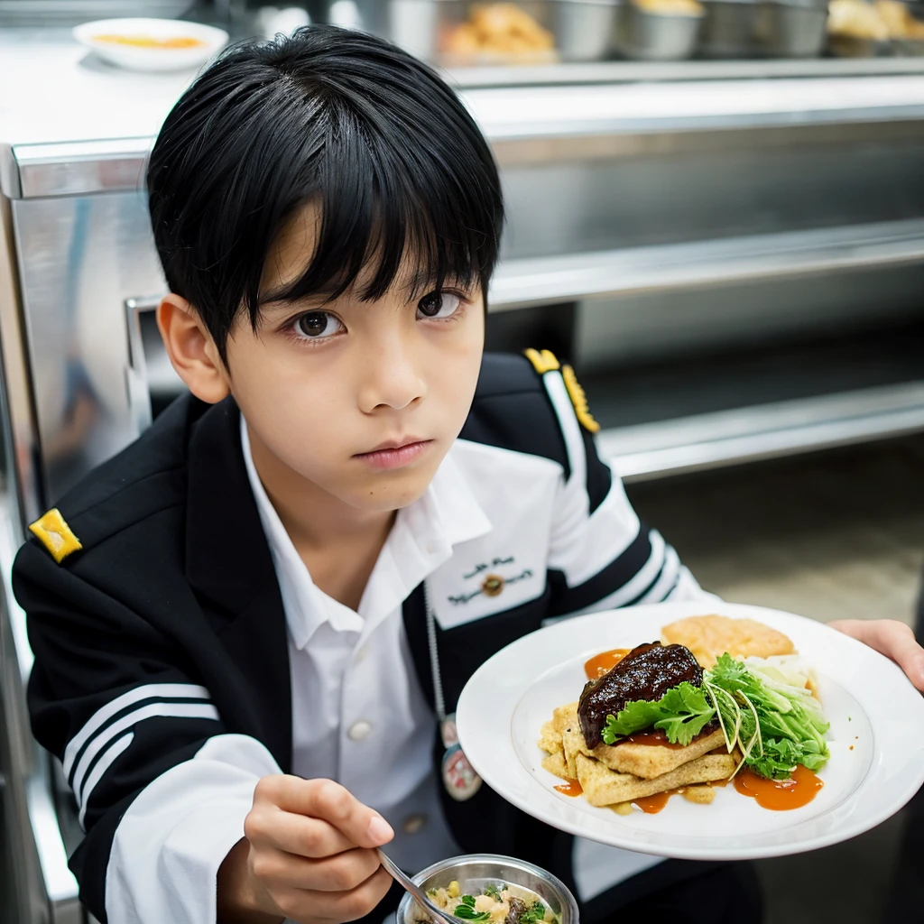 Black Hair, Slanted Eyes, Food, mash,One boy, Gaze,uniform