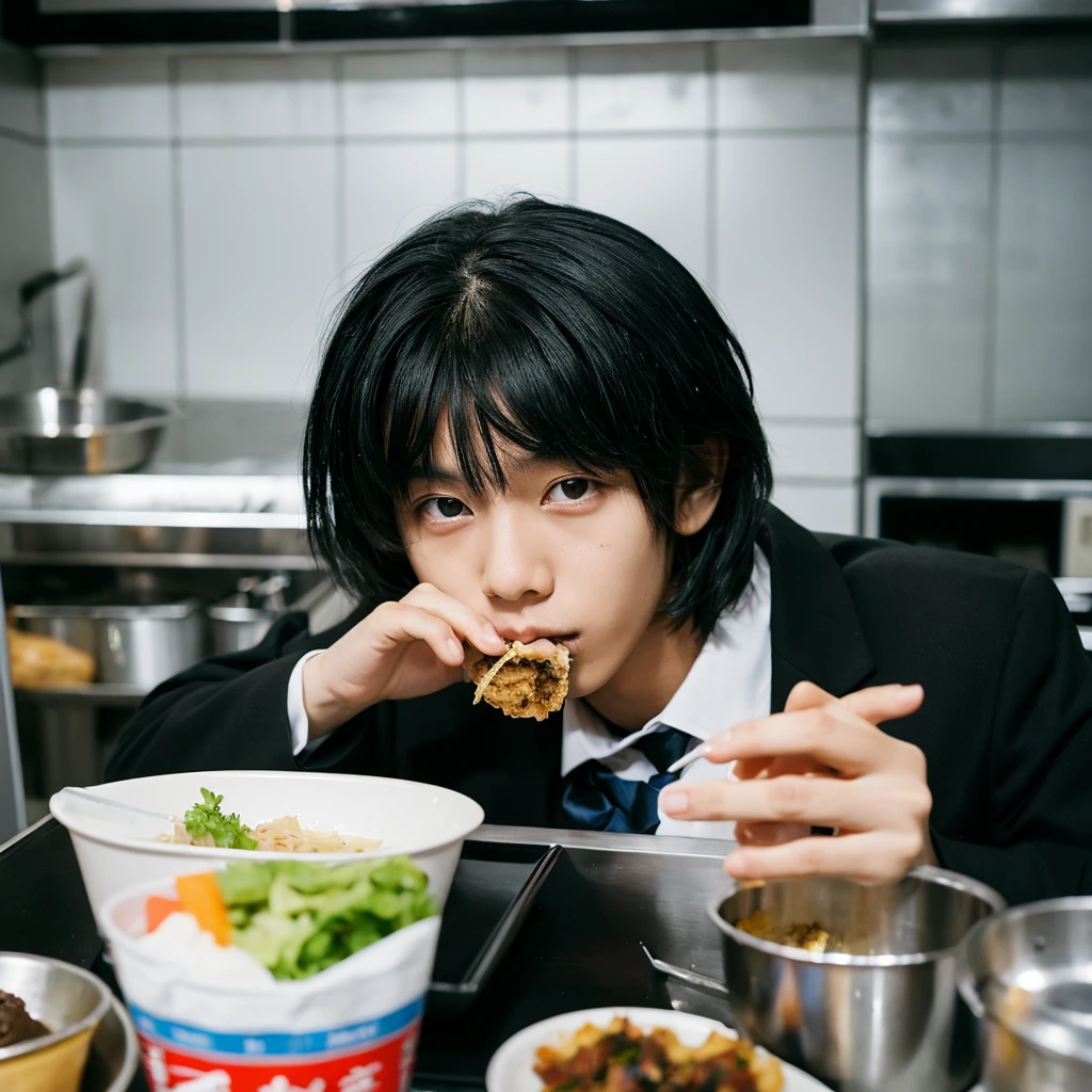 Black Hair, Slanted Eyes, Food, mash,One boy, Gaze,uniform