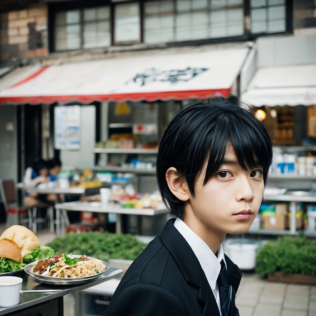 Black Hair, Slanted Eyes, Food, mash,One boy, Gaze,uniform