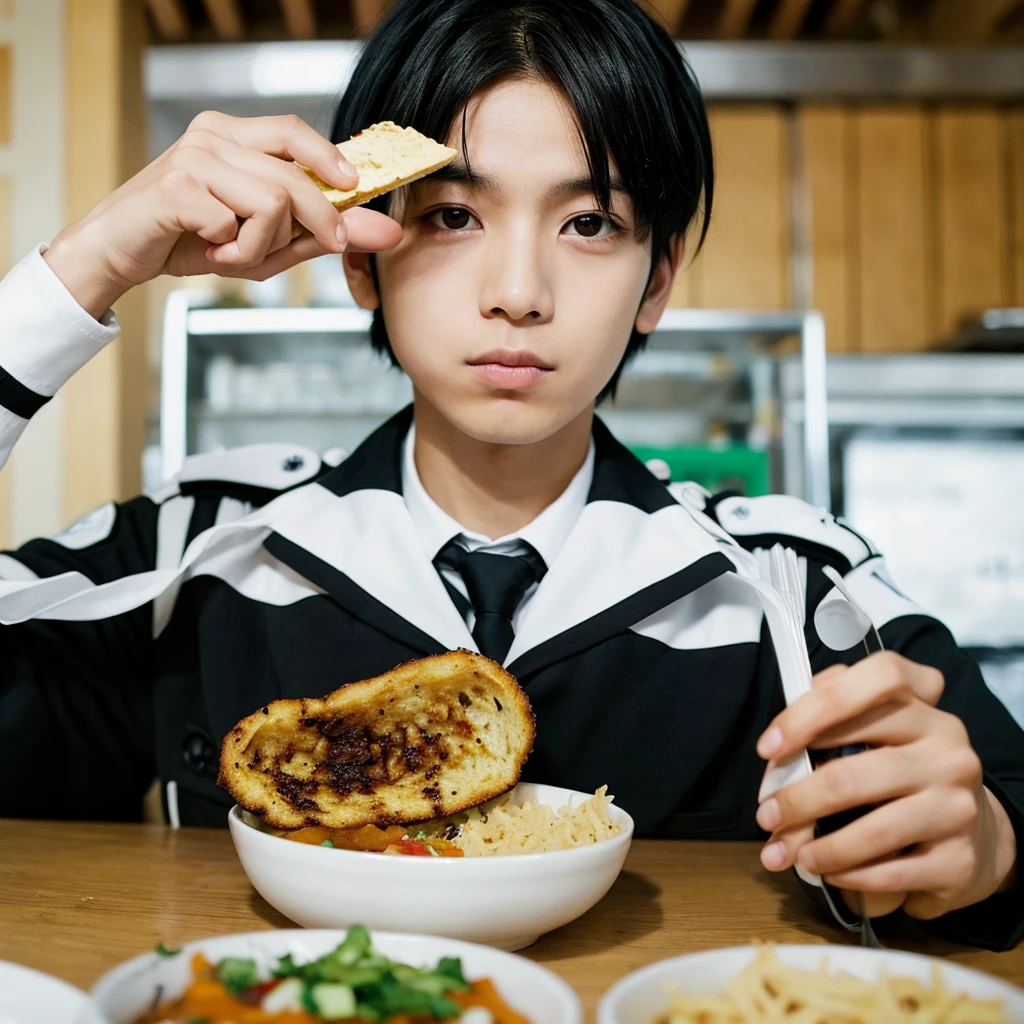 Black Hair, Slanted Eyes, Food, mash,One boy, Gaze,uniform