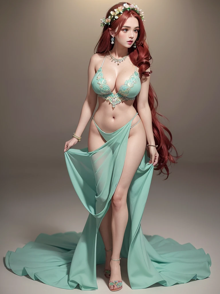 ((Masterpiece, Best Quality, ultra detailed, ultra hd, photorealistic, cinematographic)), ((seductive female model)), perfect body, voluptuous body, perfect anatomy, Perfect face, perfect hands, Great cleavage, round ass, round legs, (modern long seafoam green dress with bohemian-inspired design and embroidery), (vibrant red hair, hairstyle with loose and beachy waves), (flower crown and bead bracelets), (gradient background), (plano general, full body view:1.5), (sensual pose), (half naked)