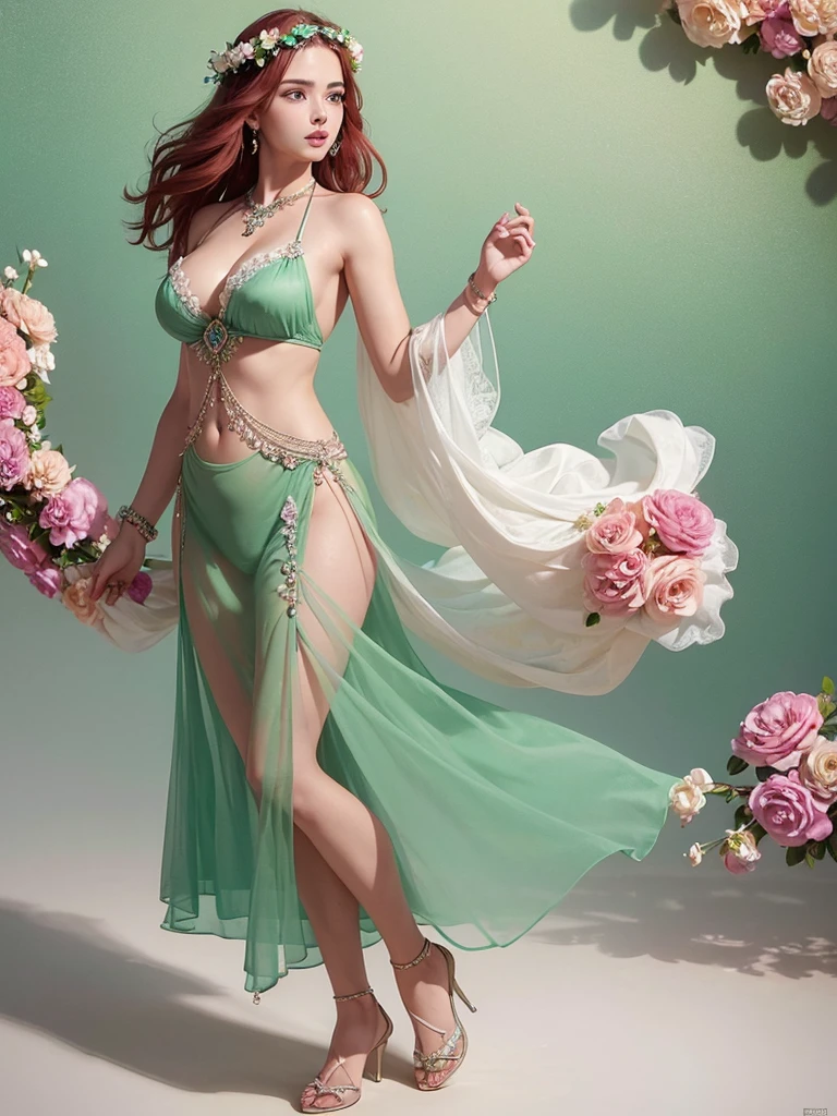 ((Masterpiece, Best Quality, ultra detailed, ultra hd, photorealistic, cinematographic)), ((seductive female model)), perfect body, voluptuous body, perfect anatomy, Perfect face, perfect hands, Great cleavage, round ass, round legs, (modern long seafoam green dress with bohemian-inspired design and embroidery), (vibrant red hair, hairstyle with loose and beachy waves), (flower crown and bead bracelets), (gradient background), (plano general, full body view:1.5), (sensual pose), (half naked)