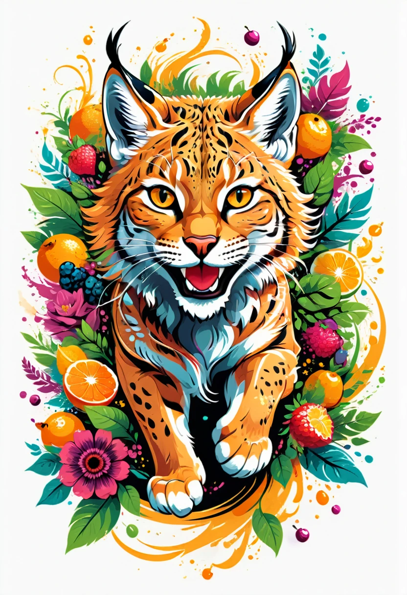  t-shirt designs, vectorial art, colorful illustration of a smiling lynx running, At the center, swirly vibrant colors, flowers, fruits, high détail,white backdrop, t shirt design.
(Artwork, best quality, proffesional, perfect composition, very aesthetic, absurdrez, super verbose, Intricate details:1.3)