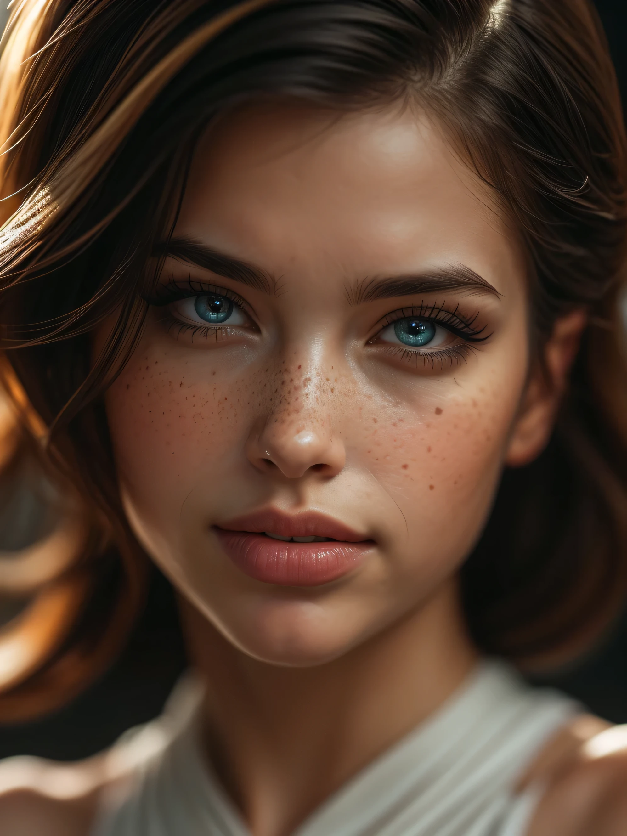 (((ultra realistic))) A close up Photo, masterpiece, top quality, (Ultra detailed face and eyes:1.3),1 divine goddess, 1 american  girl with freckles, biting her lip, looking from side, astonishing beauty, ultra beautiful cat eye makeup, seductive smile, seductive queen, (special attention to skin detail: 1.2),  Ultra detailed eyes, Erotic atmosphere,(lip bite), beautiful flowy hair, strong jaw line, perfect geometry, detailed background, depth in field, sharp focus on details, intrinsic details, realistic photo