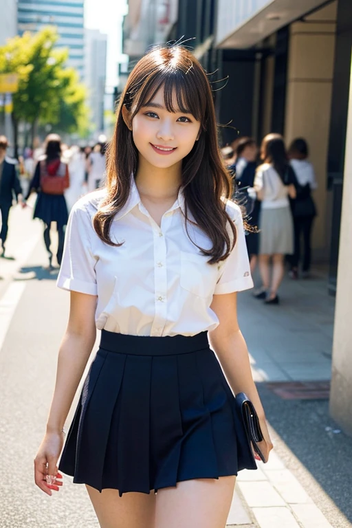 (A beautiful 23 year old Japanese high school girl with a bright personality is smiling. She has detailed, realistic, and photorealistic features, including a super cute face with beautiful eyes, nose, lips, dimples, short bob hair, ponytail. The girl is wearing a JK uniform with a mini skirt and eco-friendly fashion. She has a voluptuous figure, healthy body proportion, ample bosom. Her smooth legs move with ease. Her graceful poise radiates confidence. She is walking on a city street with natural sunlight and a bright backlight shining from behind, creating a lens flare. The image has a surreal, high-quality, and masterpiece-level look with vivid colors, extreme detail, and a professional-level edit.)