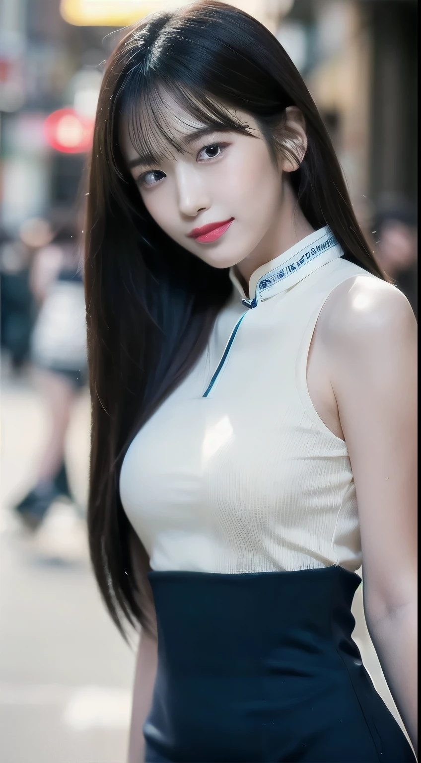 (Best Quality, 8K, masutepiece, Ultra HD: 1.3), 1girl in, smallunderboob, light brown hair, Blunt bangs, hair behind ear, hair over shoulder, Long hair, slender body shape, Ultra Fine Face, Delicate lips, Beautiful eyes, Double eyelids, lipsticks,A gaze that invites you, Ultra-thin hands, Ultra-fine fingers, shirt with collar, qipao dress, beauty legs ,Chinatown , KPOP Idol Face,ssmile